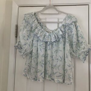 Floral Ruffle Blouse - Blue and White